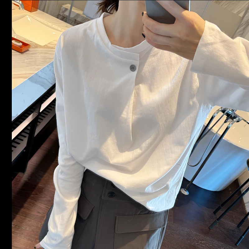 2026春夏新款韩版棉质一粒扣白色长袖T恤女宽松极简风内搭白T恤潮