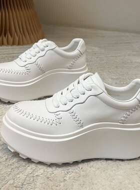 欧洲站真皮松糕厚底小白鞋女2026年新款小个子欧货增高编织老爹鞋