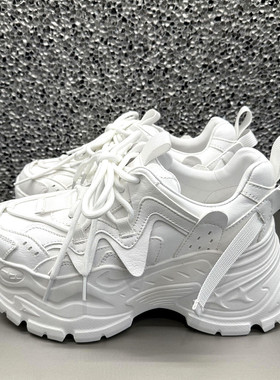 欧洲站增高8CM白色老爹鞋女春季2026新款真皮厚底松糕百搭小白鞋