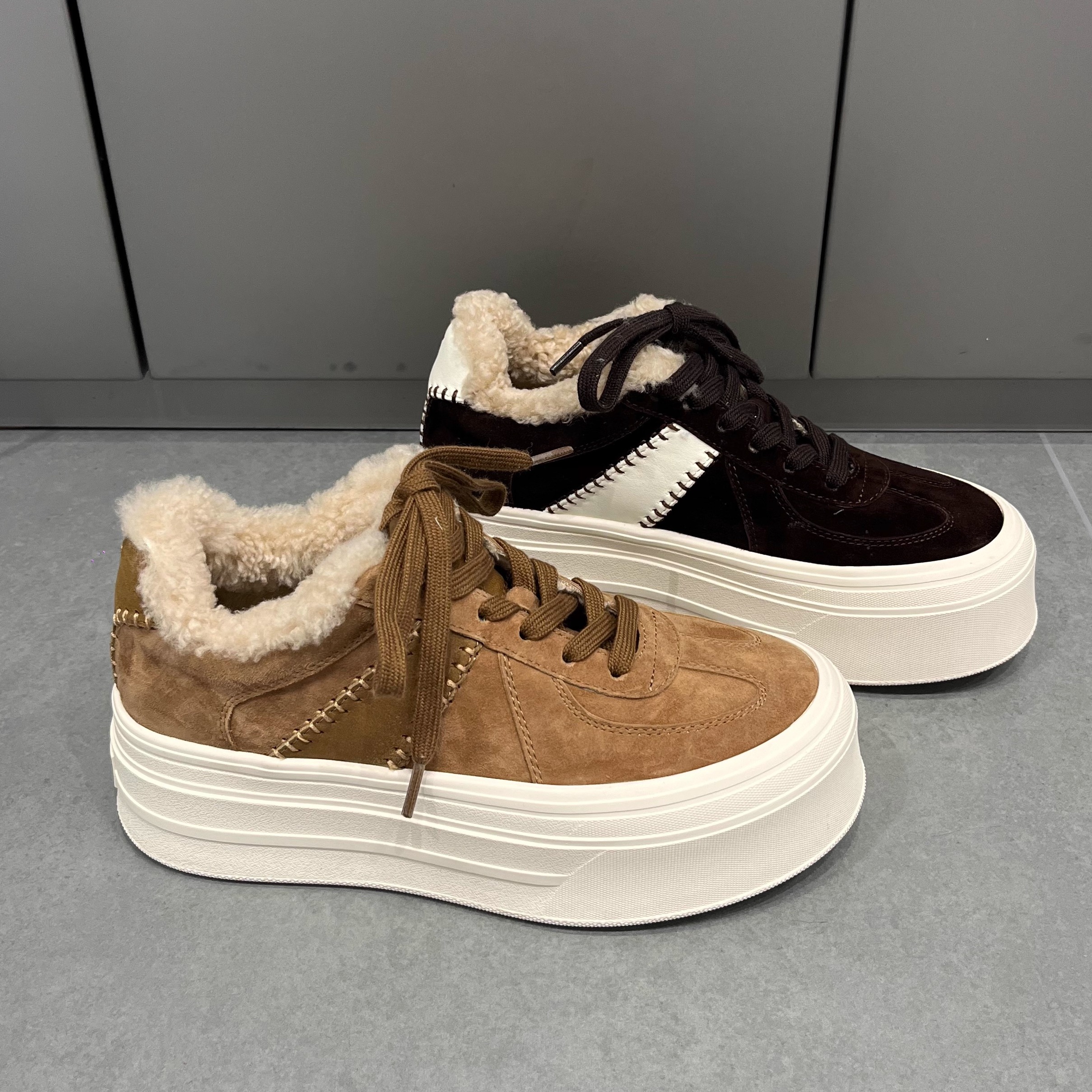 欧洲站爆款2025冬季新款真皮加绒德训鞋女厚底增高毛毛鞋保暖棉鞋