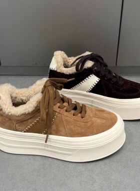 欧洲站爆款2025冬季新款真皮加绒德训鞋女厚底增高毛毛鞋保暖棉鞋