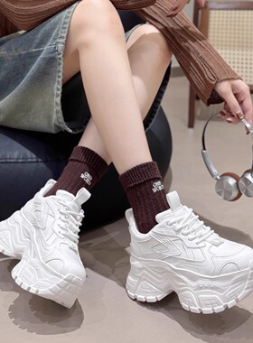 欧洲站显脚小老爹鞋女春秋款真皮厚底松糕鞋增高8CM欧货小白鞋潮