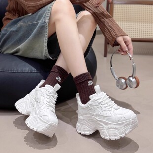 欧洲站显脚小加绒老爹鞋女秋真皮厚底松糕鞋增高8CM欧货小白鞋潮