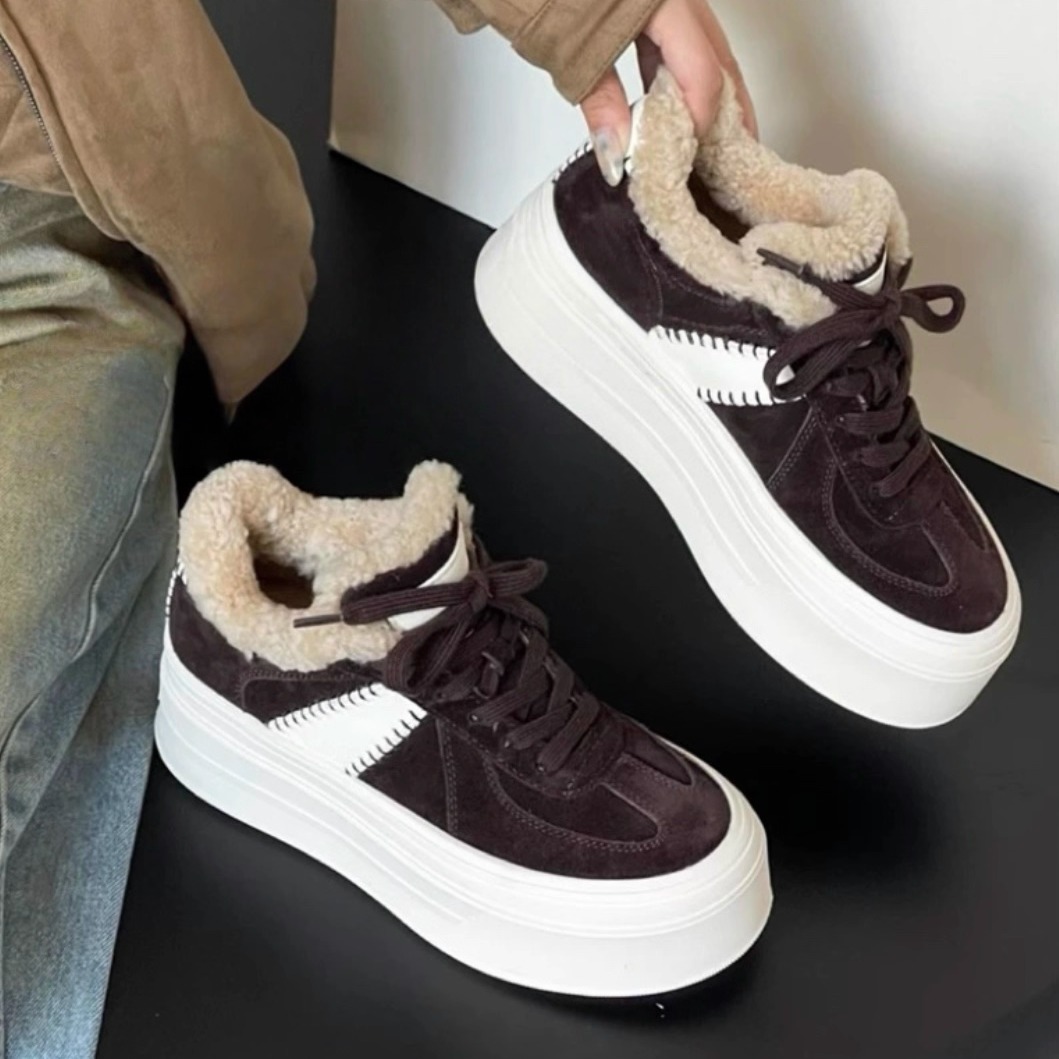 欧货2025冬季新款复古磨砂皮加绒厚底松糕德训鞋女休闲运动二棉鞋