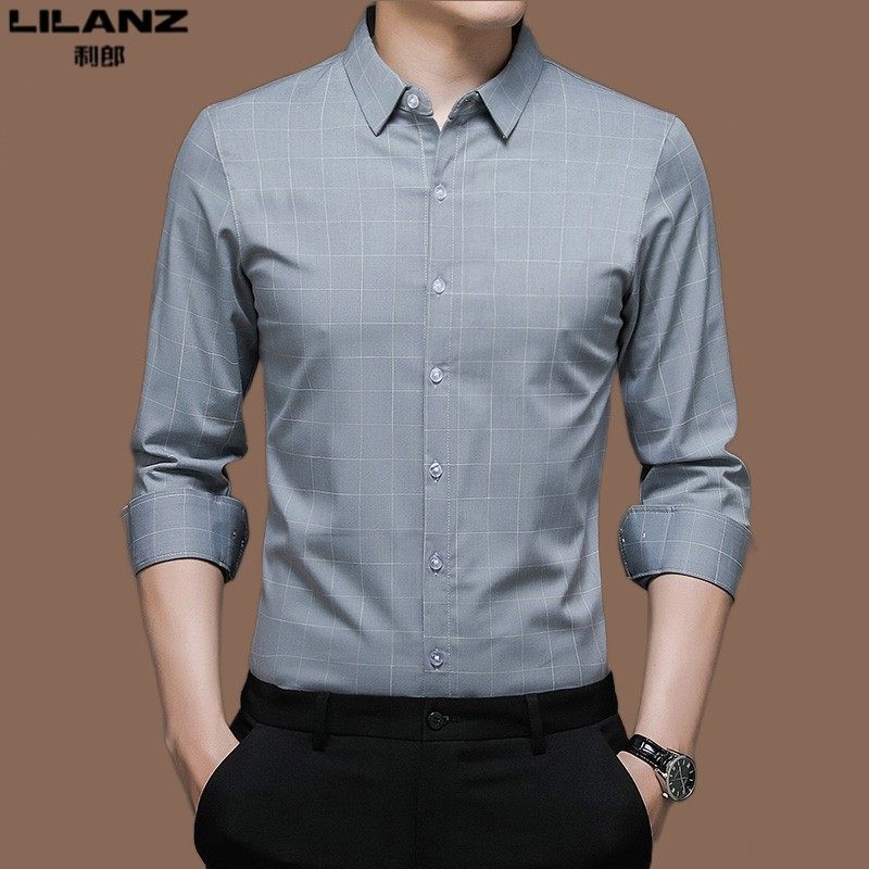 利郎男装长袖衬衫春季修身薄款格子衬衣男士商务休闲免烫抗皱寸衫