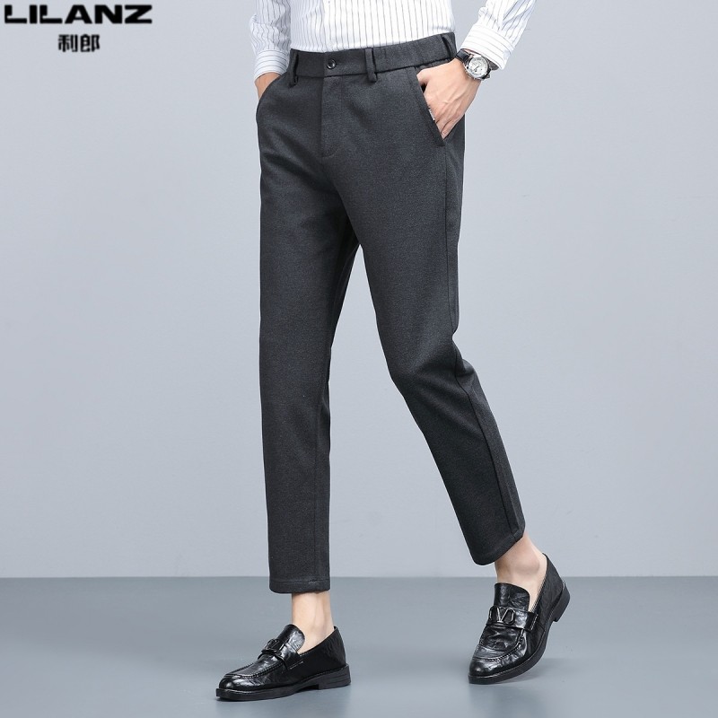 新款利郎男士西裤秋冬季抓绒加厚修身弹力九分裤男直筒商务休闲裤