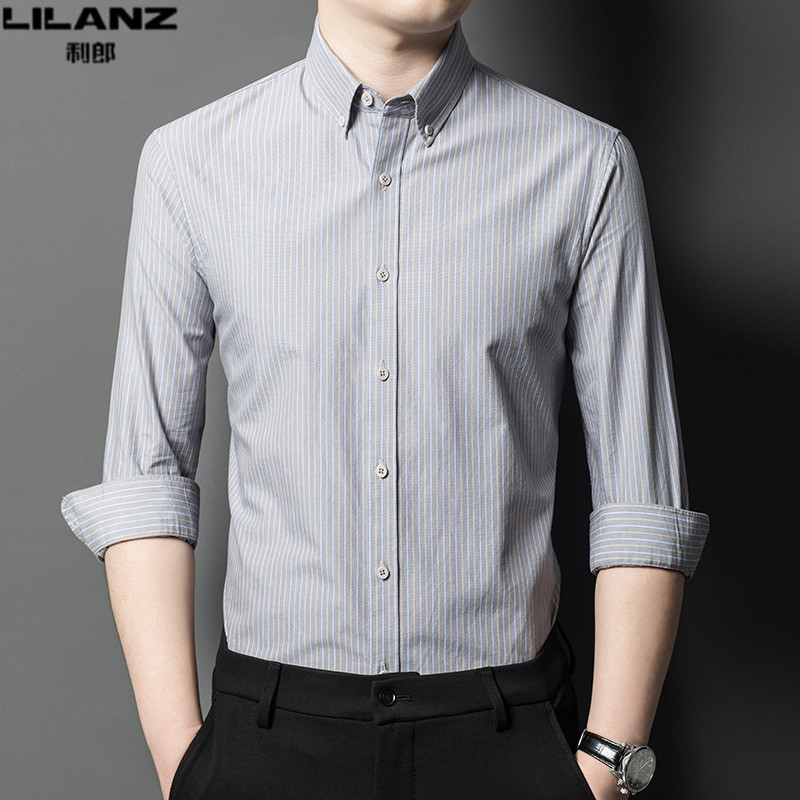 利郎衬衫男长袖春秋季条纹免烫衬衣男士商务休闲纯棉上衣修身寸衫