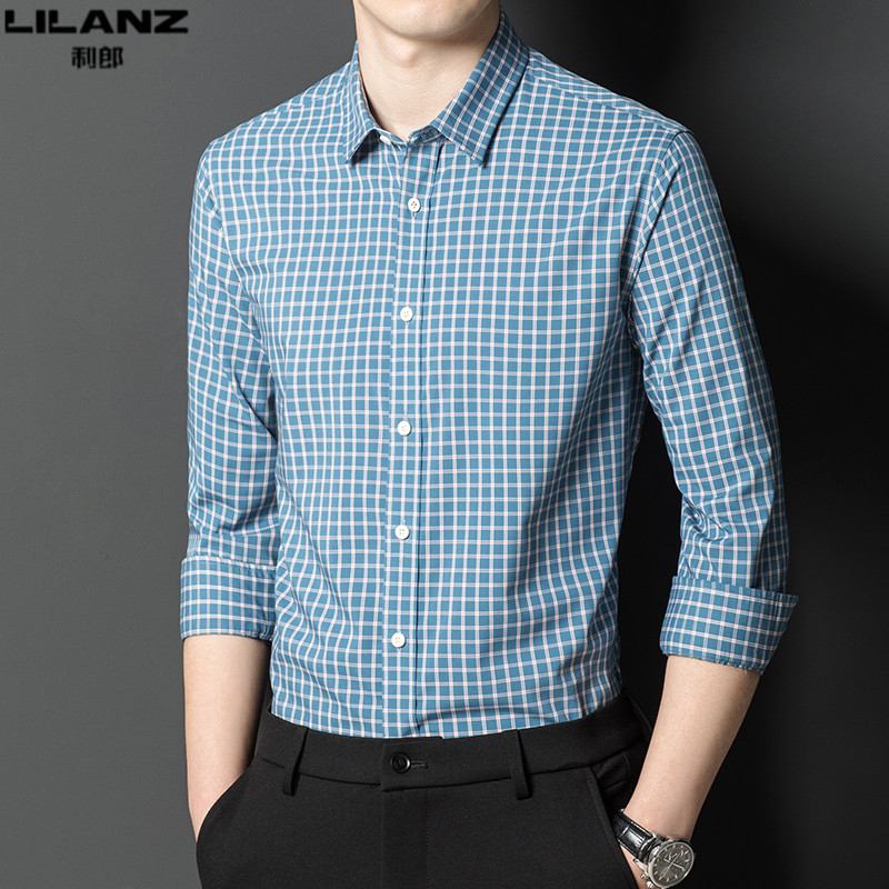 春季利郎休闲格子长袖衬衫男士薄款抗皱衬衣中年商务男装宽松寸衫