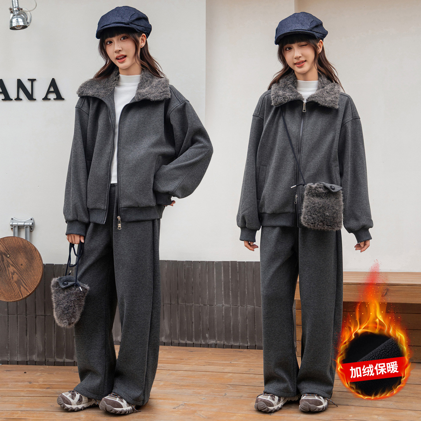 偏胖女童加绒套装秋冬装中大童加肥加大码宽松加厚卫衣卫裤两件套