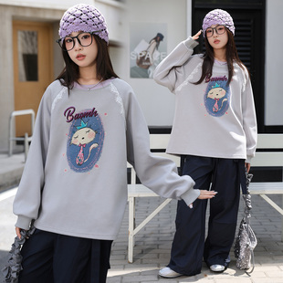 胖女童卫衣春秋装洋气中大童初中女生加肥大码宽松长袖t恤打底衫