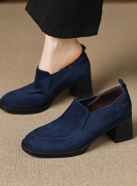 磨砂皮6cm粗跟深口高跟鞋女时尚复古通勤百搭圆头松紧口单鞋蓝色