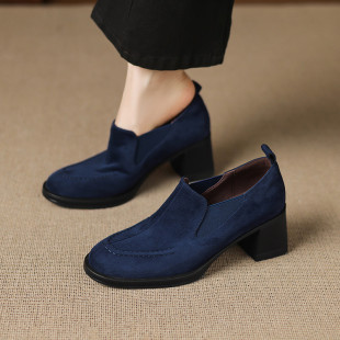 蓝色 复古通勤百搭圆头松紧口单鞋 磨砂皮6cm粗跟深口高跟鞋 女时尚