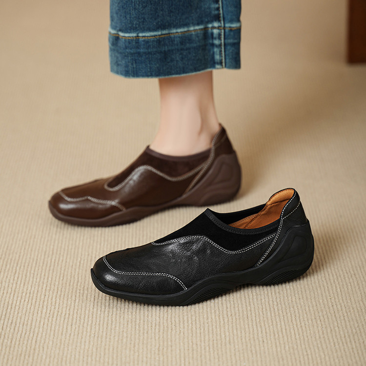 软真皮拼接3cm厚底深口单鞋女早春新款休闲舒适松紧口松糕乐福鞋