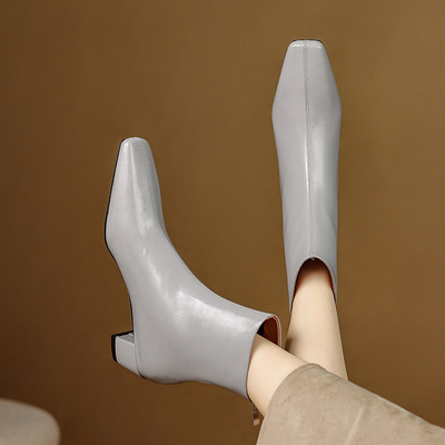 真皮4cm粗跟方头踝裸短靴女秋冬时尚复古百搭短筒骑士马丁靴灰色