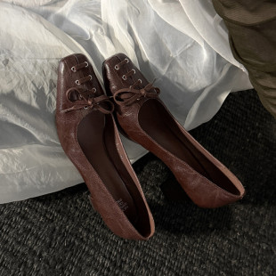 百搭交叉系带浅口高跟鞋 真皮 复古时尚 女春夏新款 6cm粗跟方头单鞋