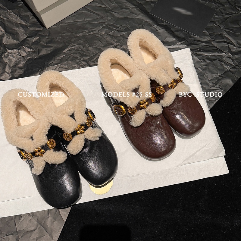 软真皮羊羔毛毛毛鞋4cm跟内增高皮带扣加绒里单鞋女冬保暖棉鞋靴