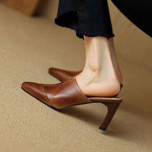 7cm高跟半拖鞋 女真皮方头粗跟春秋外穿通勤复古深口凉拖穆勒鞋