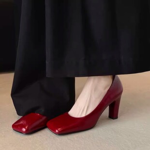 真皮~8cm粗跟浅口单鞋女春夏新款时尚辣妹风网红ins潮方头高跟鞋