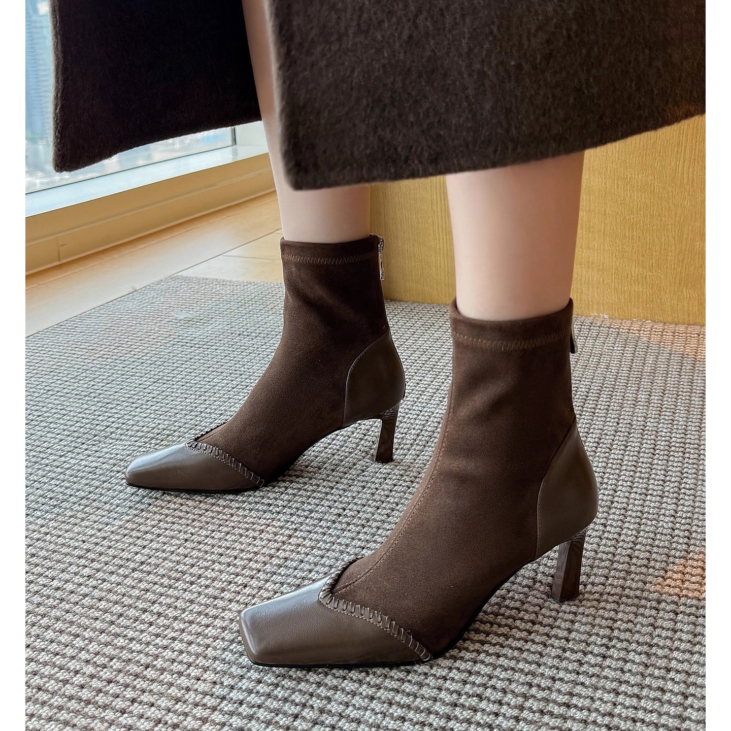 7cm细跟方头短靴女春秋单裸靴法式气质时尚小个子高跟弹力瘦瘦靴