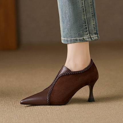 法式优雅~7cm细跟深口高跟鞋女早秋时尚气质显瘦尖头及踝裸单鞋靴