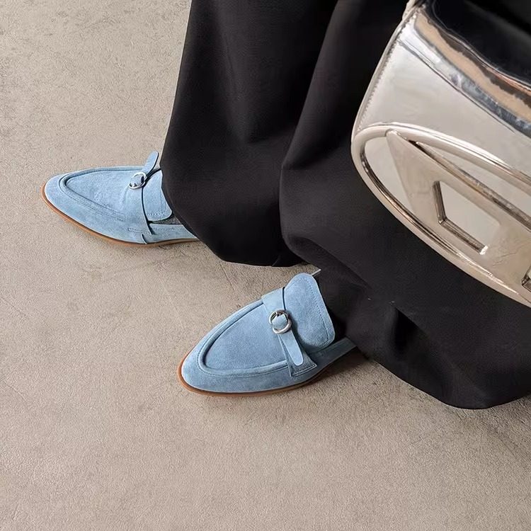 磨砂羊反皮平底乐福鞋女四季百搭休闲时尚懒人皮带扣深口单鞋蓝色,女鞋,深口单鞋,淘宝优惠券,粉丝福利购,淘宝优惠卷