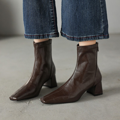 5cm粗跟方头马丁靴女2025年秋冬新款欧美复古棕色高跟弹力瘦短靴