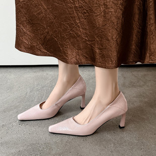 简约气质小方头浅口单鞋 女春夏新款 粉色 7cm细跟小个子高跟鞋 真皮