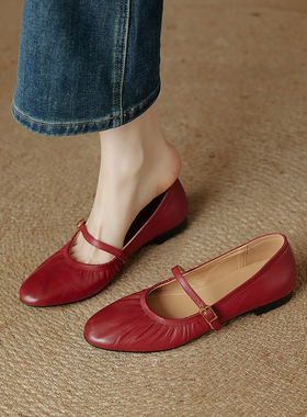 巨软真皮褶皱玛丽珍单鞋女春夏新款法式气质红色一字扣平底仙女鞋