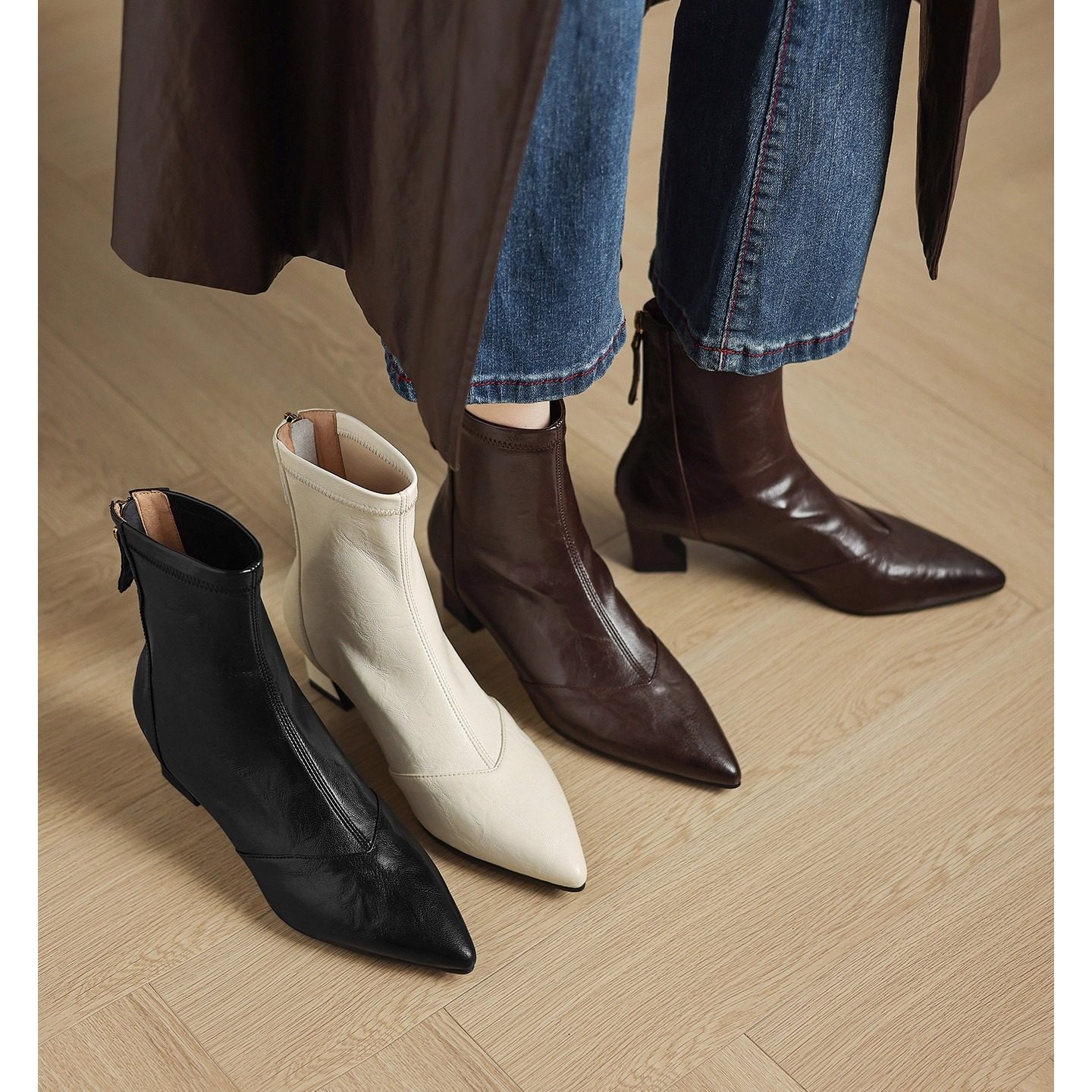 5cm粗跟尖头短靴女弹力瘦瘦靴法式气质百搭时尚拼接及踝裸马丁靴,女鞋,时装靴,淘宝优惠券,粉丝福利购,淘宝优惠卷