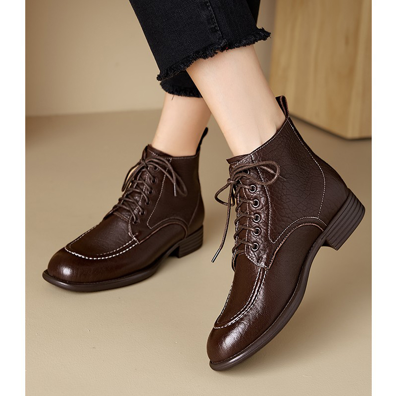 头层羊皮~休闲系带马丁靴女秋冬新款复古时尚百搭粗跟及踝单短靴