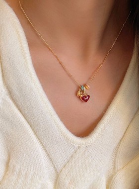 红色双面滴油贝母爱心项链轻奢气质高级感锁骨链小众短款颈链