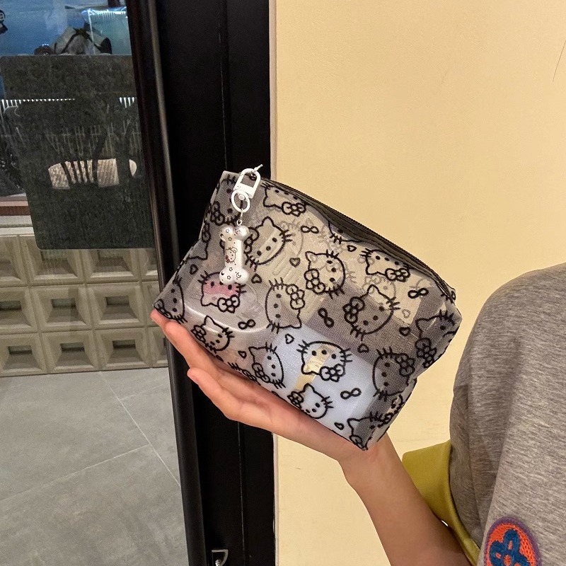 简约可爱黑色网纱kitty化妆包便携大容量收纳包手拿补妆包耐脏