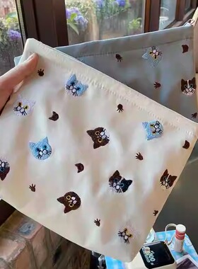 大容量刺绣猫咪化妆包便携手拿包可爱文艺洗漱包零钱收纳包