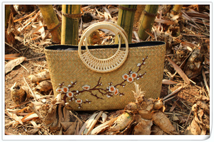 泰国草编包 休闲大容量手提包现货 梅花刺绣复古大气藤提手大包