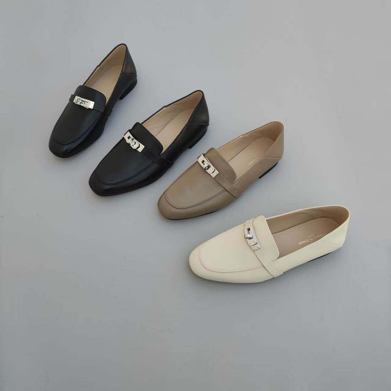 巴黎 大扣牛皮羊皮内防滑底防滑鞋底休闲鞋乐福鞋女鞋豆豆鞋