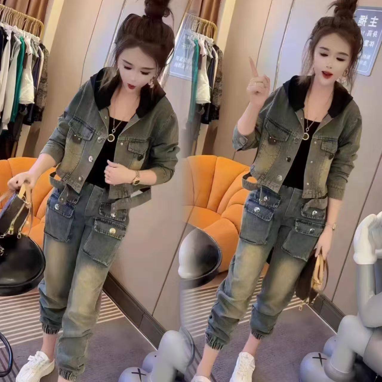 牛仔套装女春秋新款欧货设计感连时尚套装