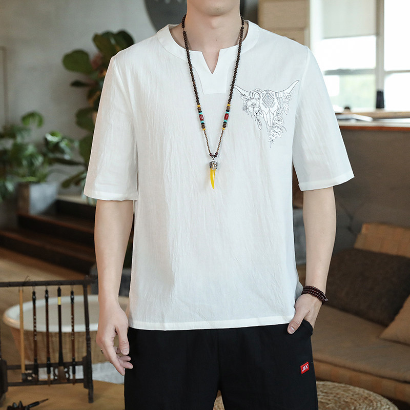 QT4025风纯色薄款腰果花牛头棉麻男大码短袖T恤男 T622 P33图片