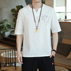 QT4025风纯色薄款腰果花牛头棉麻男大码短袖T恤男 T622 P33图片