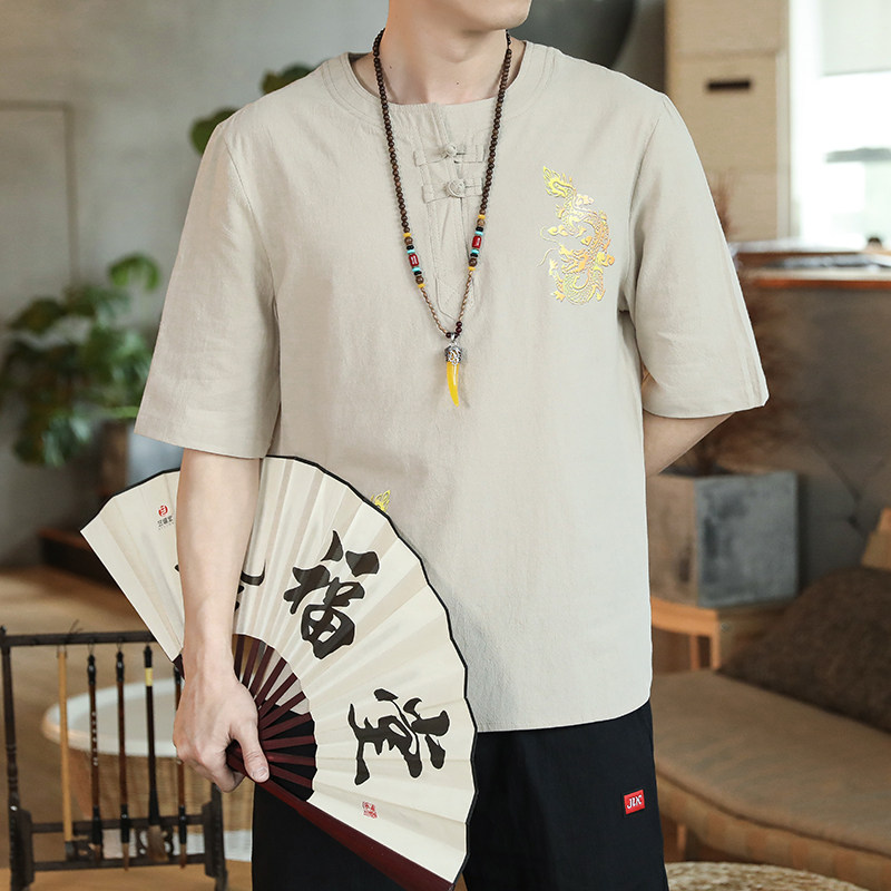 QT4025风民族龙短袖薄款T恤棉麻男大码盘扣T恤男T612P33,男装T恤,星座101C（原电商A011-3）