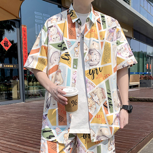 24冰丝港风衬衫男短袖夏季情侣沙滩衬衣外套 D631 P35图片