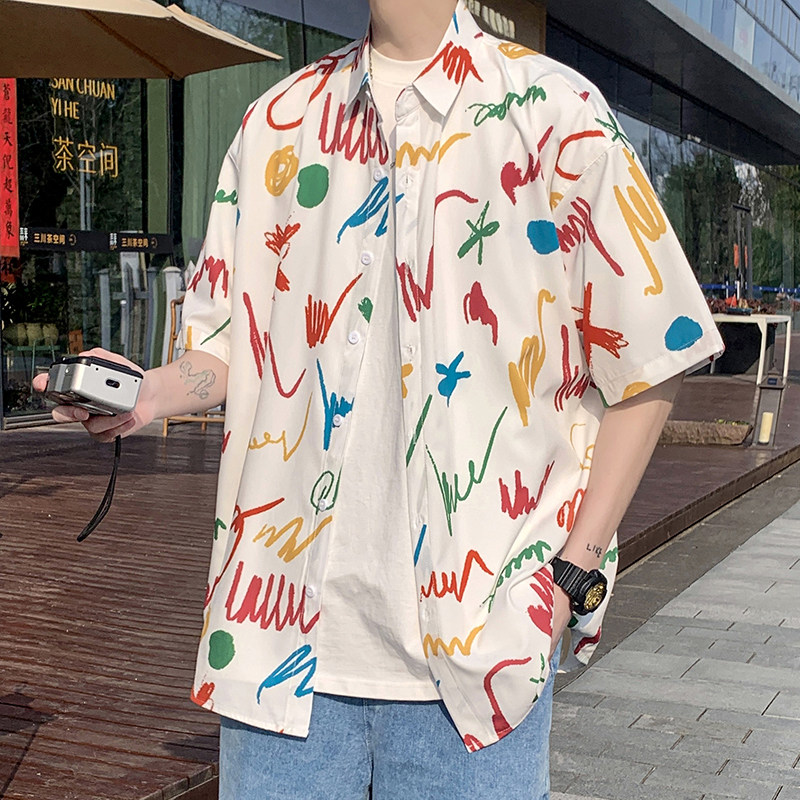 24冰丝彩港风衬衫男短袖夏季设计感情侣沙滩衬衣外套D632P35,男装T恤,星座101C（原电商A011-3）