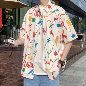 24冰丝彩港风衬衫男短袖夏季设计感情侣沙滩衬衣外套 D632 P35图片