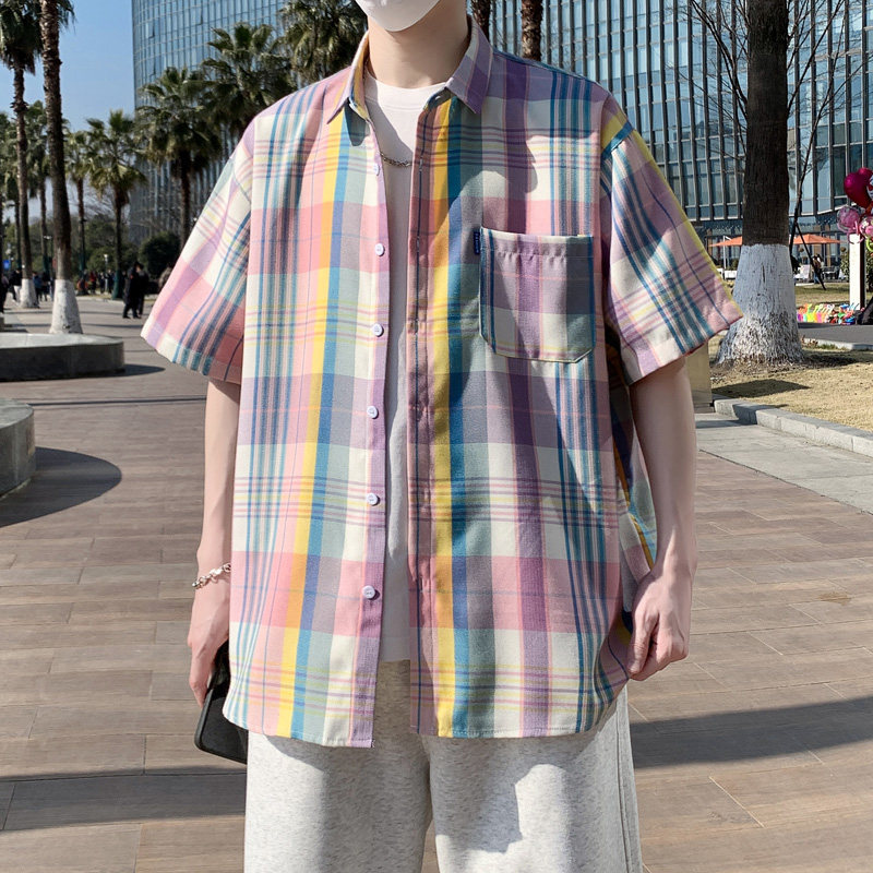 沙滩模特夏季情侣款短袖复古格子衬衫港风衬衣D3920P38,男装衬衫,星座101C（原电商A011-3）