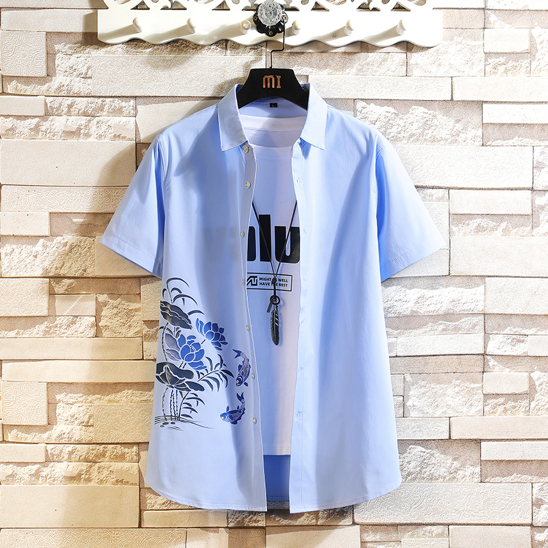 QT4025大码鲤鱼风印花短袖青年男士外贸衬衫3692P38，男装T恤，星座101C（原电商A011-3）