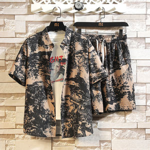 大码沙滩冰丝衬衫短袖情侣套装沙滩裤TZ6715 P58,男装T恤,星座101C（原电商A011-3）