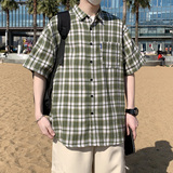 25夏季情侣款短袖复古格子衬衫港风衬衣沙滩模特D3917P28，男装衬衫，星座101C（原电商A011-3）