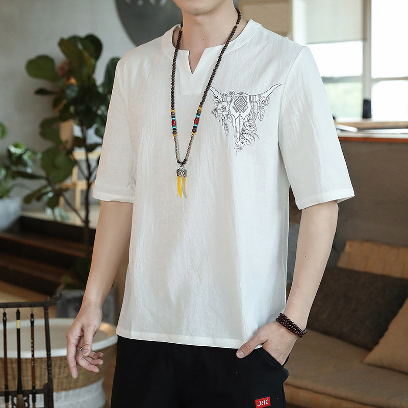 QT4025风纯色薄款腰果花牛头棉麻男大码短袖T恤男T622P33,男装T恤,星座101C（原电商A011-3）