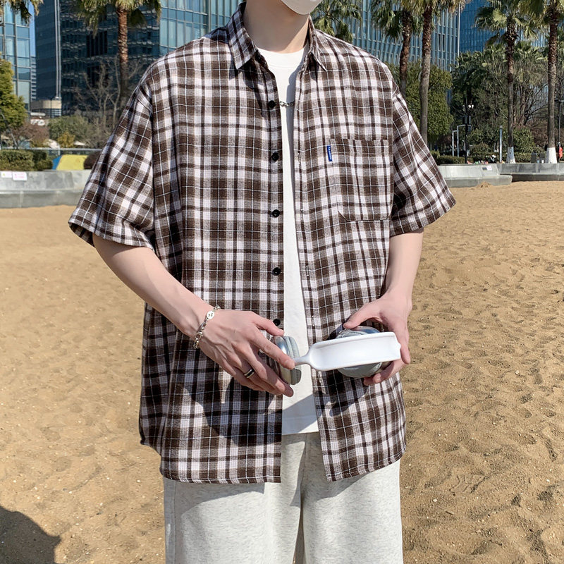 25夏季情侣款短袖复古格子衬衫港风衬衣沙滩模特D3917P28,男装衬衫,星座101C（原电商A011-3）