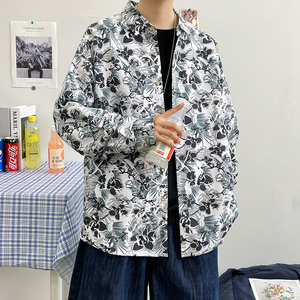 春秋男生港风长袖宽松情侣外套模特大码衬衫3010 P35图片