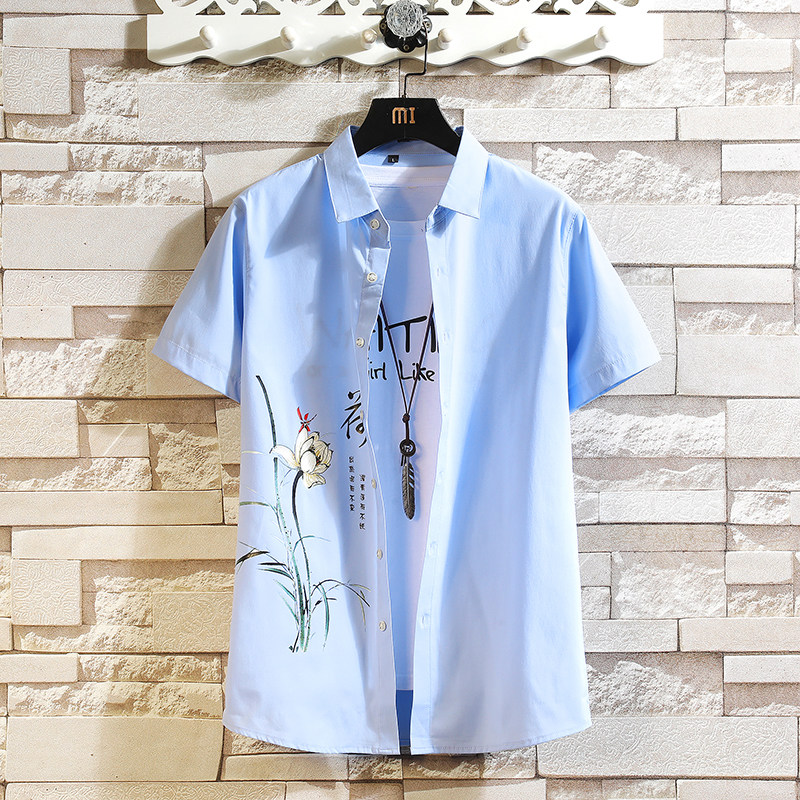 QT4025春夏大码荷花休闲风印花短袖青年男士外贸衬衫3681P38,男装T恤,星座101C（原电商A011-3）